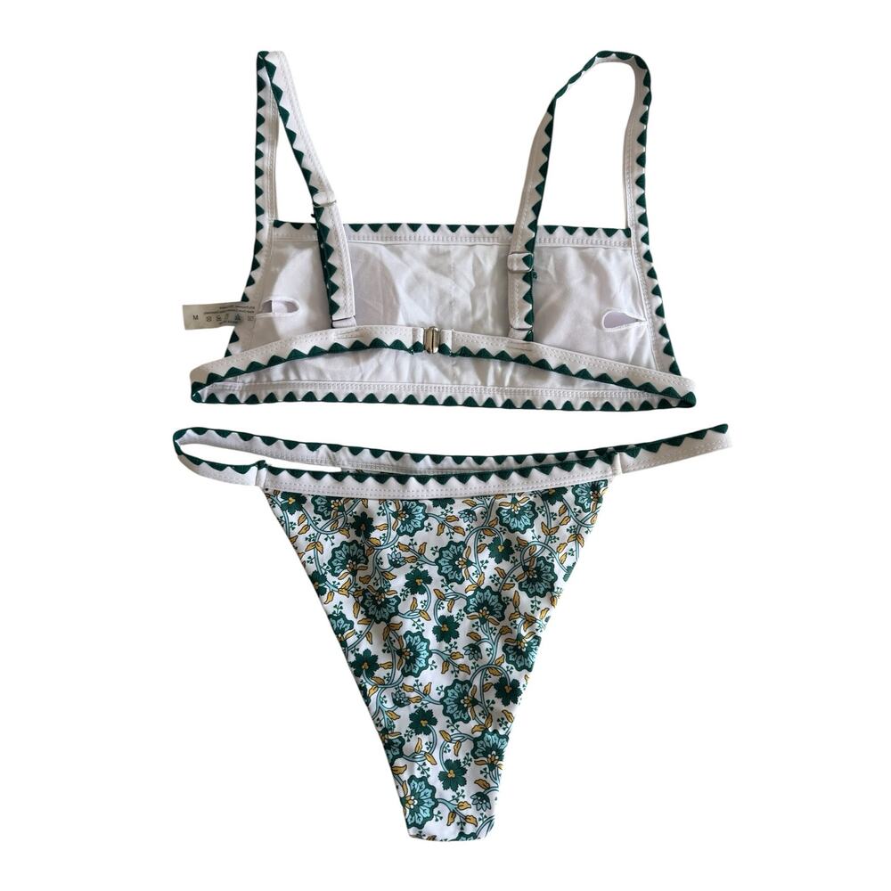 SHEIN Floral Print Bikini Set Green White Scallop Trim High Leg Swimsuit Medium - Picture 3 of 6